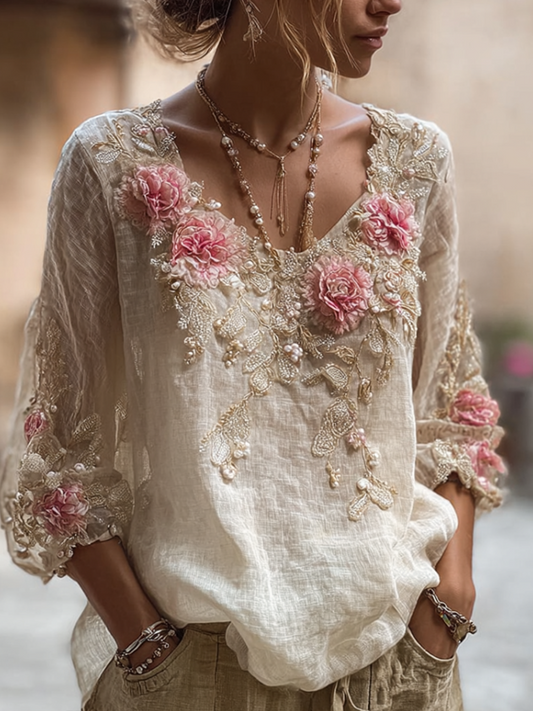 Comstylish Bohemian Style Round Neck Short Sleeve Three-dimensional Flower Design Women's Thin Top