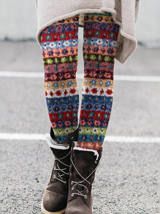 Vintage Boho Floral Colorful Striped Cozy Leggings artswardrobe