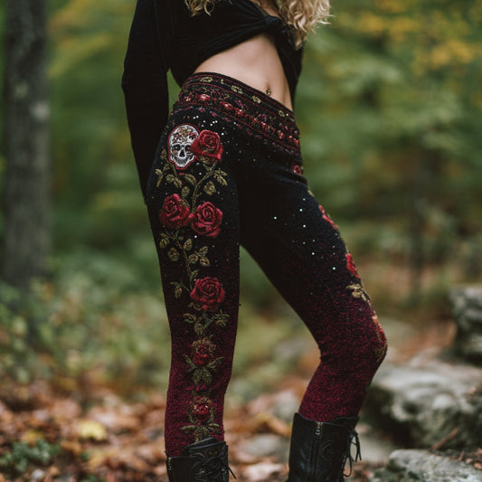 Women's Vintage Skull And Rose Pattern Comfortable Leggings artswardrobe