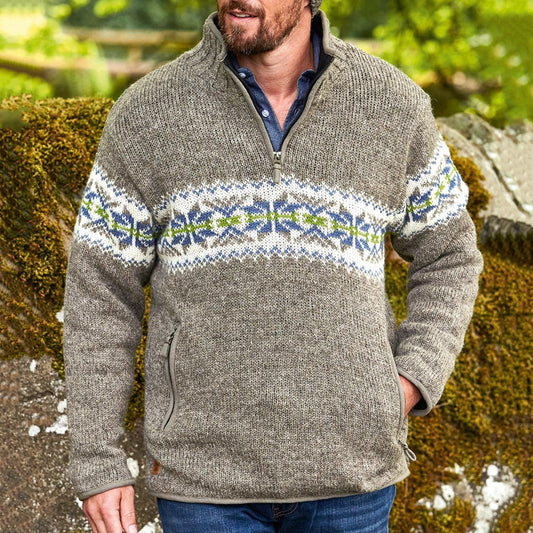 Retro Warm Knitted Contrast Jacquard Iceland Half Zip Collar Sweater elevenforest