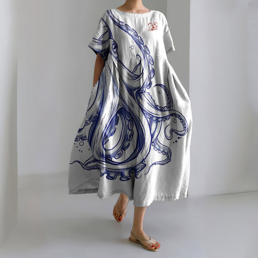 Comstylish Japanese Art Vintage Octopus Print Casual Midi Dress