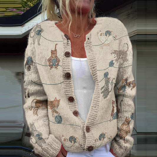 Vintage Playful Cats Pattern Cozy Knit Sweater elevenforest