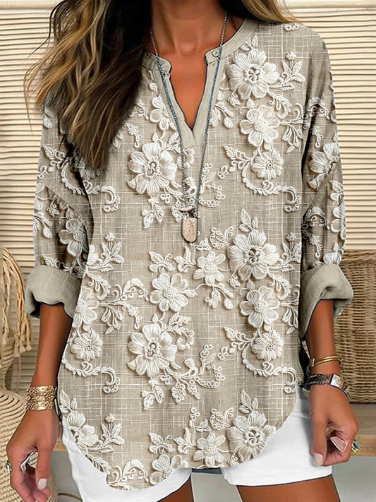 Comstylish Vintage Floral Lace Embroidered Linen Blend Tunic