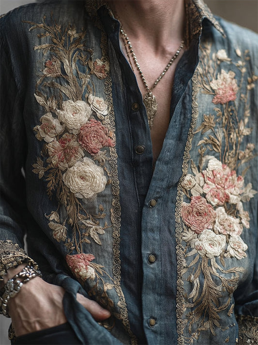 Men's Vintage Floral Embroidered Washed Linen Shirt artswardrobe