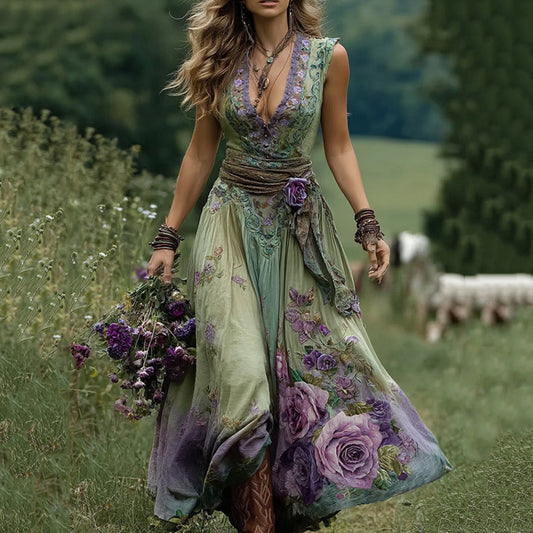 Vintage Purple Floral V Neck Sleeveless Maxi Dress artswardrobe