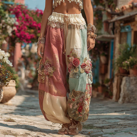 Women's Bohemian Floral Embroidery Patchwork Art Linen Blend Pants artswardrobe