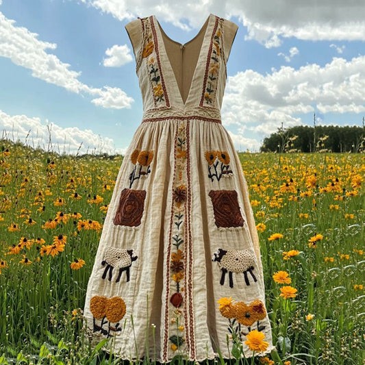 Women's Vintage Floral Sheep Art Embroidery Maxi Dress artswardrobe