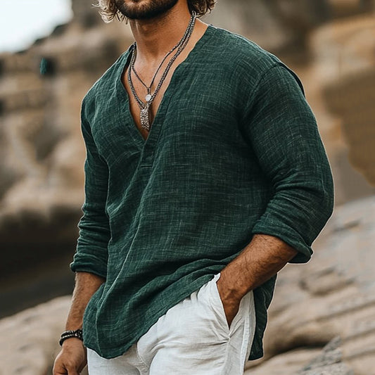 Men's Casual Solid Color Cotton And Linen Long Sleeve Shirt artswardrobe