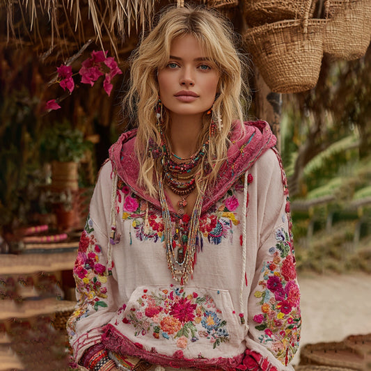 Comstylish Women's Bohemian Floral Embroidery Art Casual Cotton Linen Hoodie