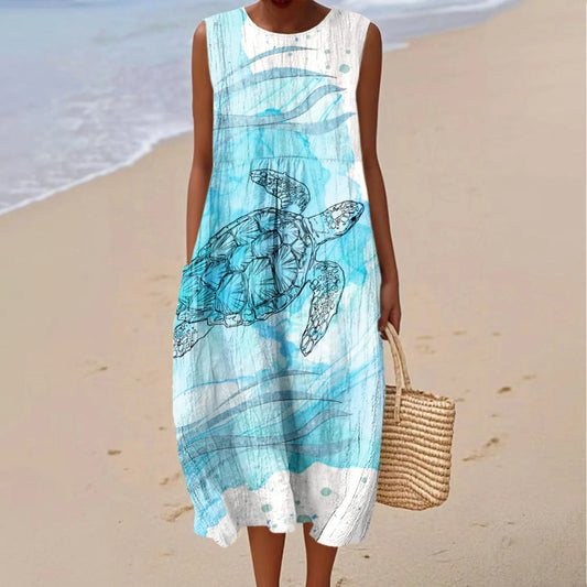 Comstylish Women's Vintage Sea Turtles Art Print Cotton Casual Dress