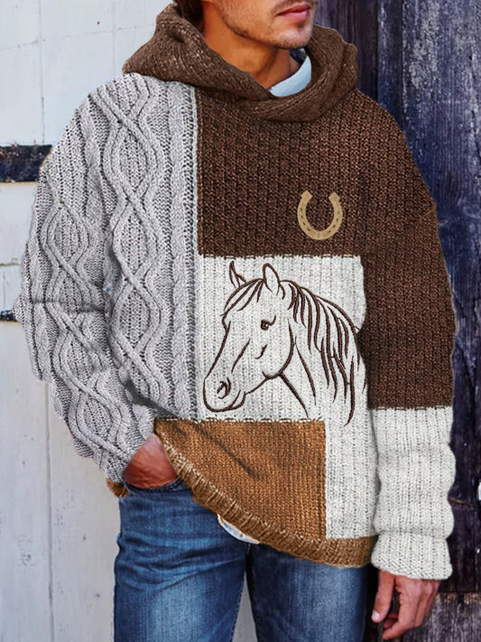 Men's Horse Lover Embroidered Cable Knit Patchwork Hooded Sweater artswardrobe