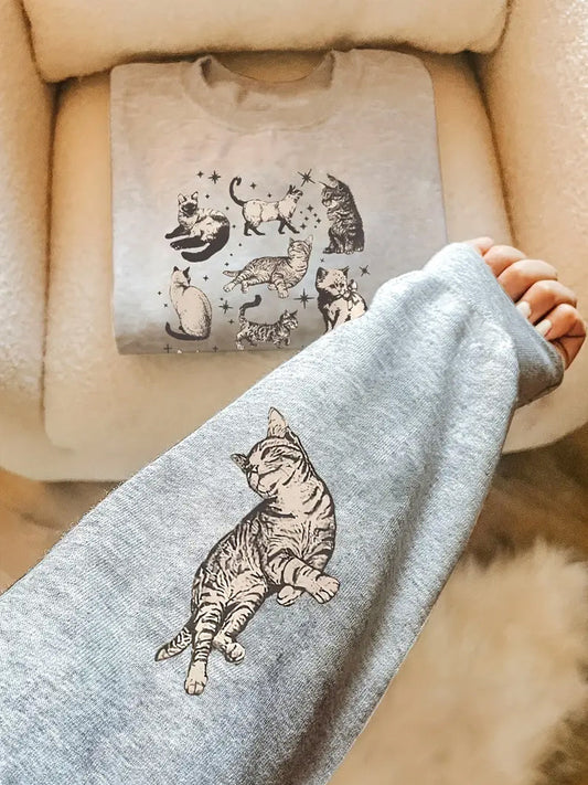 Cat Print Women's Crew Neck Sweatshirt elevenforest