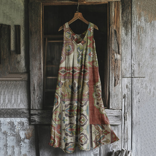 Comstylish Vintage Tribal Patchwork Floral Art Linen Tank Dress