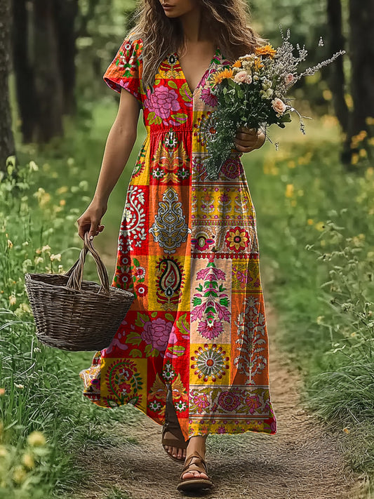 Women's Artistic Floral Ethnic Style Retro Color Printed V-Neck Dress