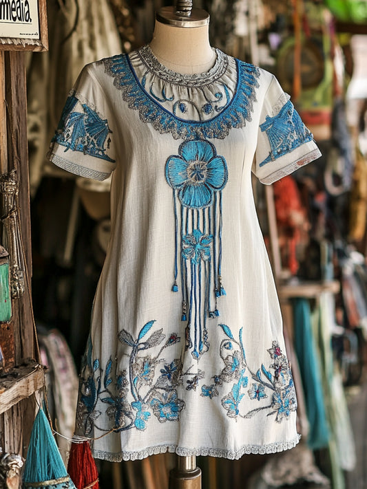 Women's Tribal Floral Casual Linen Short Sleeve Dress artswardrobe