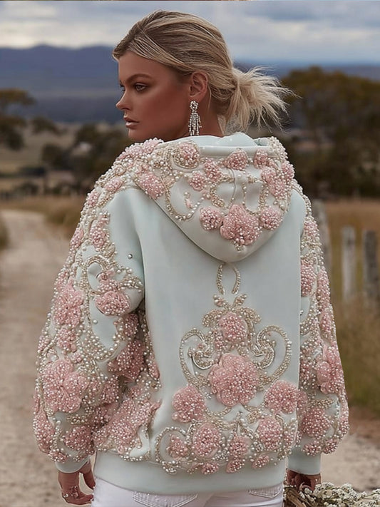 Comstylish Women's Bohemian Style Pink Floral Hoodie