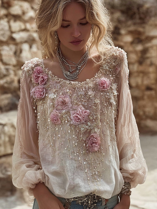 Comstylish Vintage Pink Flowers Embroidered Long Sleeve Linen Tunic