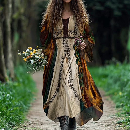 Women's Retro Viking Rune Irregular Design Cotton And Linen Dress artswardrobe