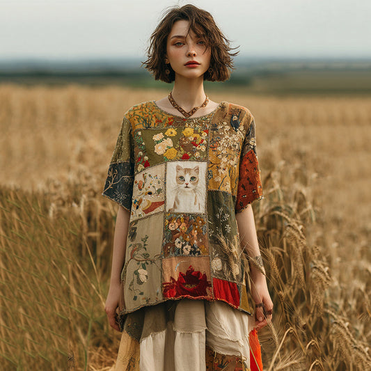 Vintage Japanese Cute Cat Floral Patchwork Linen T-shirt elevenforest