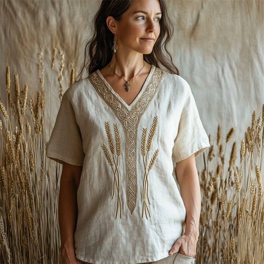 Lammas Wheat Embroidered Celtic Trim Linen Tunic artswardrobe