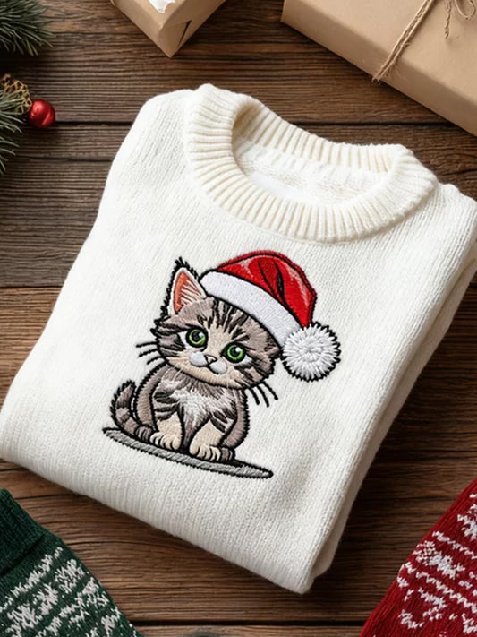 Comstylish Christmas Cat Round Neck Sweater