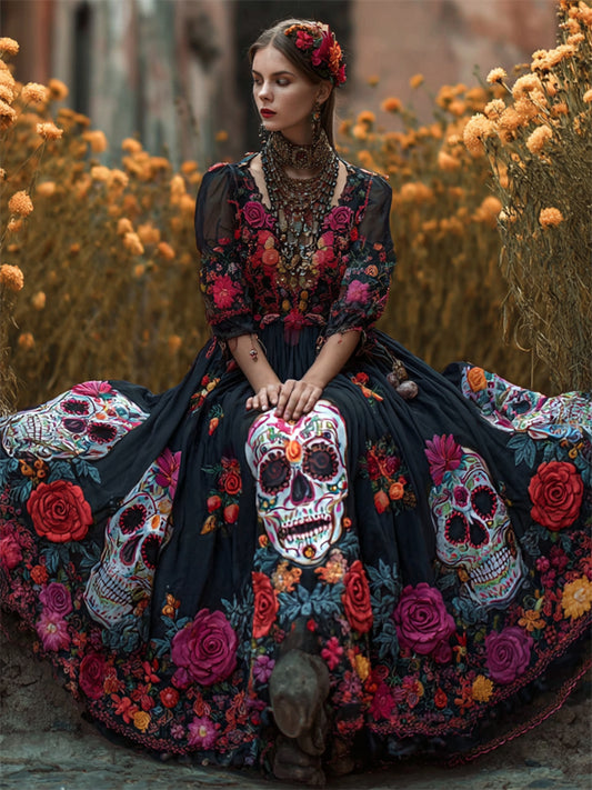 Comstylish Day Of The Dead Sugar Skulls Roses Floral Flowy Maxi Dress