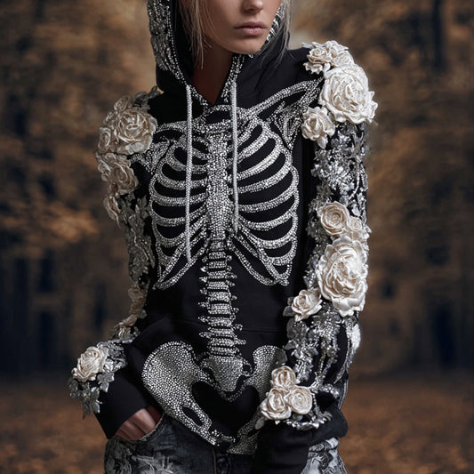 Comstylish Women's Halloween Skeleton Diamond Rose Warm Hoodie