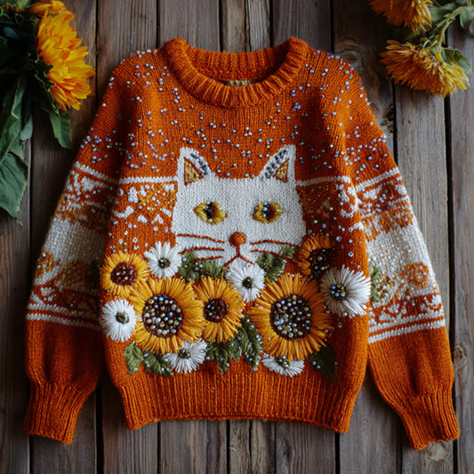 Women's Vintage Halloween Sunflower And Cat Embroidered Sweater artswardrobe
