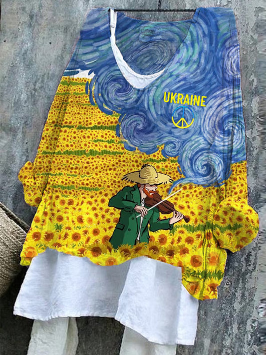 Comstylish Women's Ukraine Oil Panting Print V-neck Top