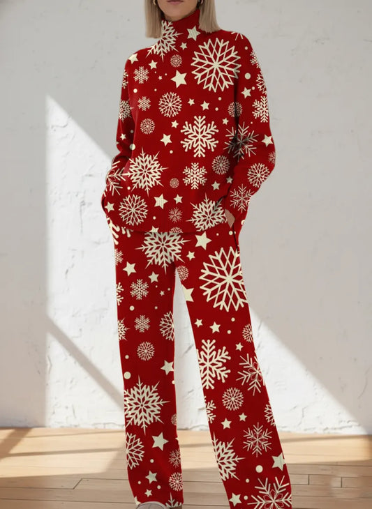 Women's Snowflake Pattern Art Print Casual Knitted Cotton Top Pants Suit
