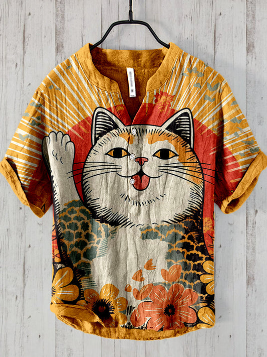 Funny Cats Ukiyo-e Painting Art Linen Blend Shirt elevenforest