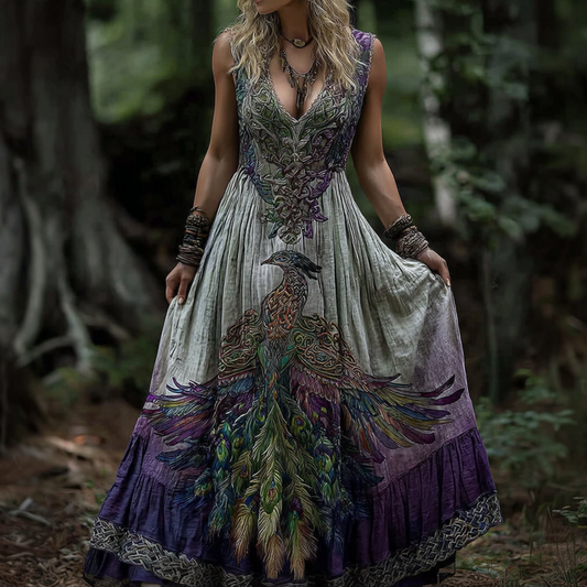Women's Vintage Viking Celtic Knot Phoenix Art Pattern Sleeveless Dress artswardrobe