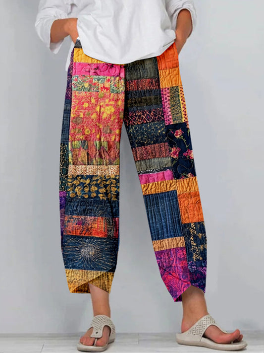 Colorful Boho Patchwork Cropped Casual Pants artswardrobe