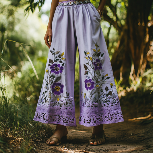 Vintage Purple Floral Lace Embroidered Cotton And Linen Wide-leg Pants artswardrobe