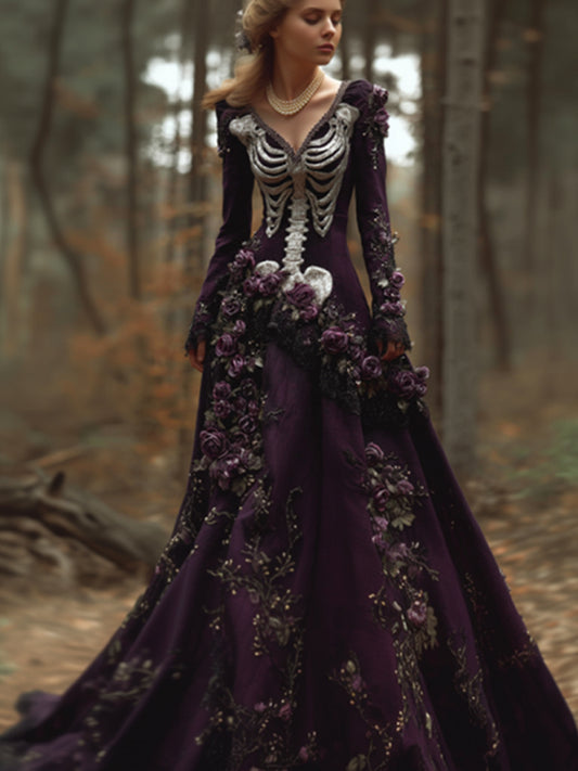 Comstylish Women's Halloween Skeleton Withered Rose Purple V-neck Retro Dress