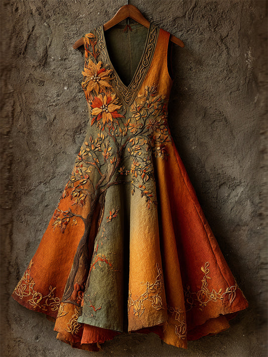 Vintage Fall Floral Tree Of Life Celtic Embroidered Dyed Linen Dress artswardrobe