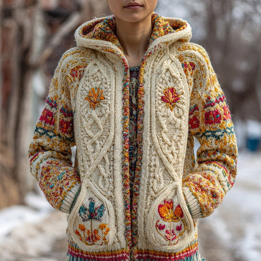 Mexican Flowers Embroidered Chunky Hooded Sweater Cardigan elevenforest