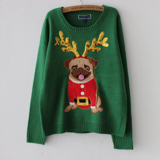 Karla® | Warm Christmas Pug Dog Embroidered Sequin Knitted Sweater for Women