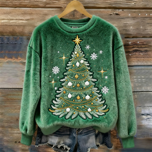 Comstylish Christmas Tree Embroidered Art Women's Cozy Plush Sweater