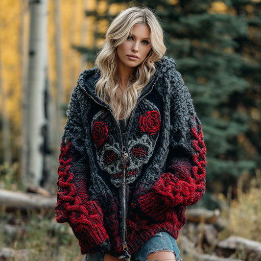 Women's Vintage Viking Celtic Skull Gradient Chunky Knit Zip-up Hooded Sweater artswardrobe