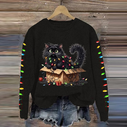 Comstylish Women's Christmas Cat Print Crew Neck Casual Sweatshirt