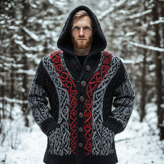 Men's Viking Celtic Knot Jacquard Hooded Button Sweater elevenforest
