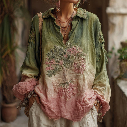 Women's Vintage Viking Tree Of Life Gradient Linen Shirt artswardrobe