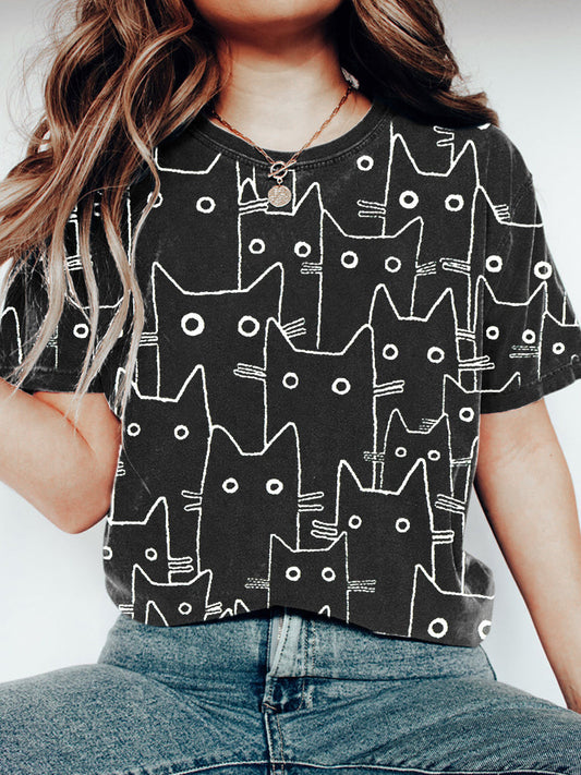 Cute Black & White Line Cat Print Short Sleeve T-Shirt elevenforest