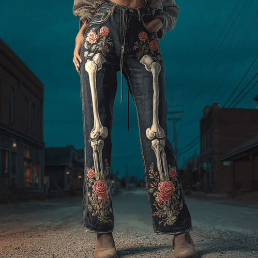 Comstylish Halloween Vintage Skull Rose Embroidered Jeans