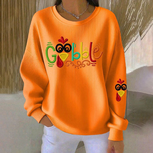 Comstylish Women's Gobble Turkey Print Crew Neck Sweatshirt