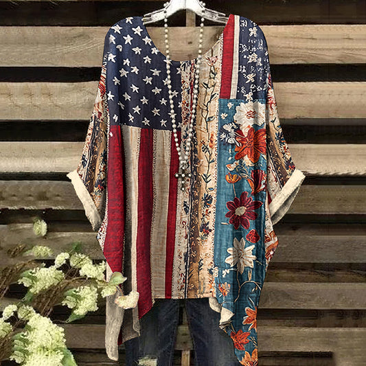 Vintage Independence Day American Flag With Floral Art Irregular Shirt artswardrobe