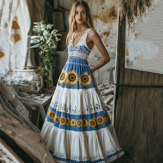 Boho Sunflower Embroidered Pattern Lace Linen Dress artswardrobe