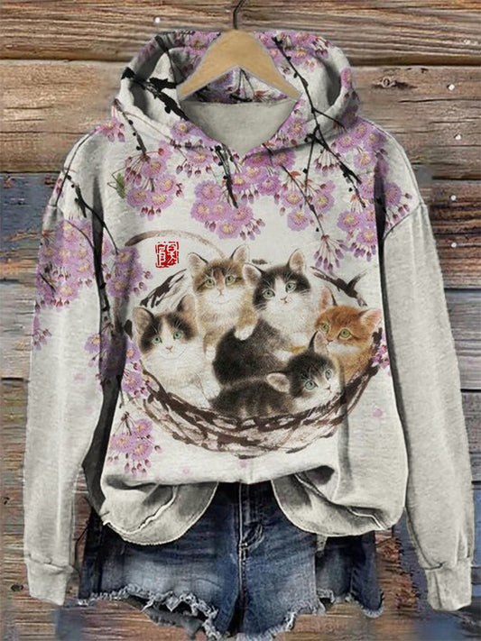 Fuzzy Cat Under Floral Tree Art Cozy Hoodie elevenforest