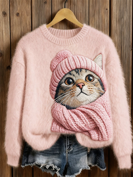 Cozy Cat Embroidered Pink Knit Sweater elevenforest